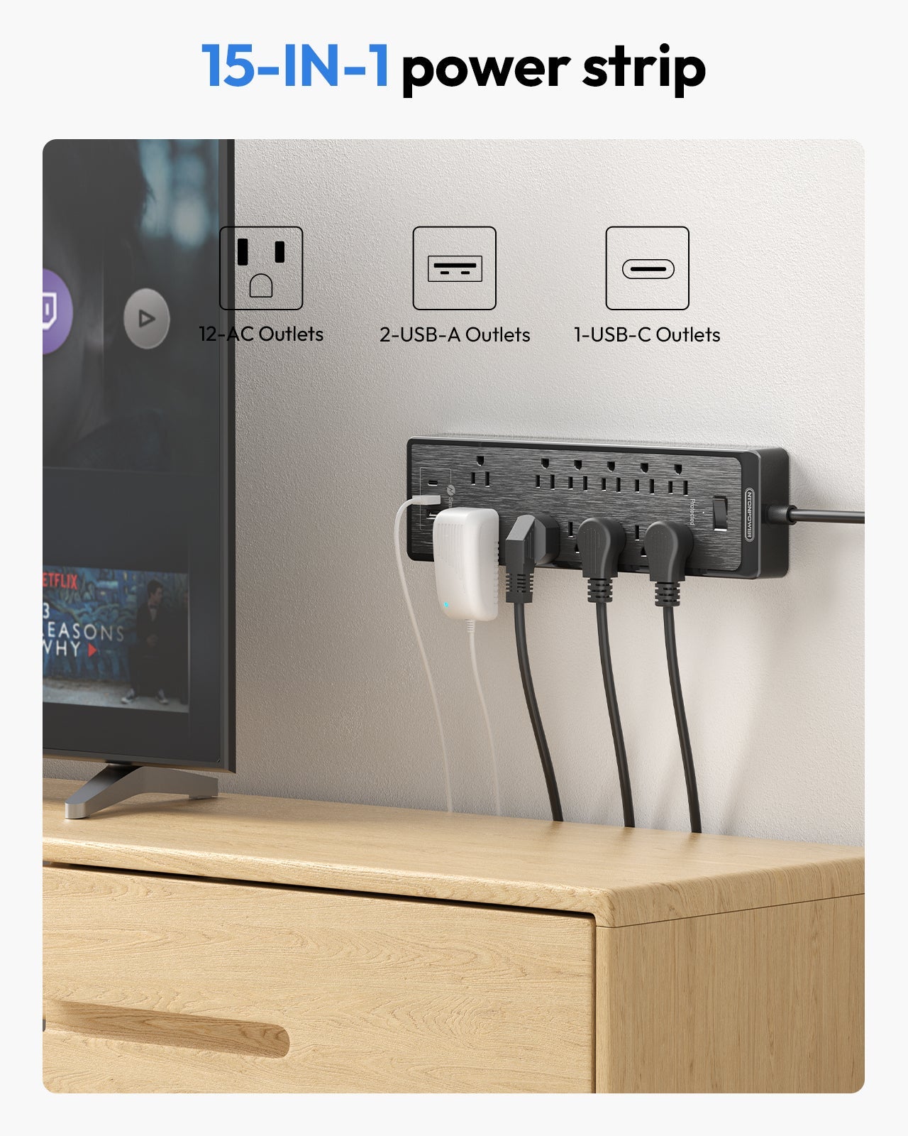 PowerNest Surge Protector Power Strip 12 Outlets 2 USB-A 1-USB C（SKU: LS-12A3U-US-BK-4.6M,  ASIN: B08CKBHCLD, GTIN：6954301173823）