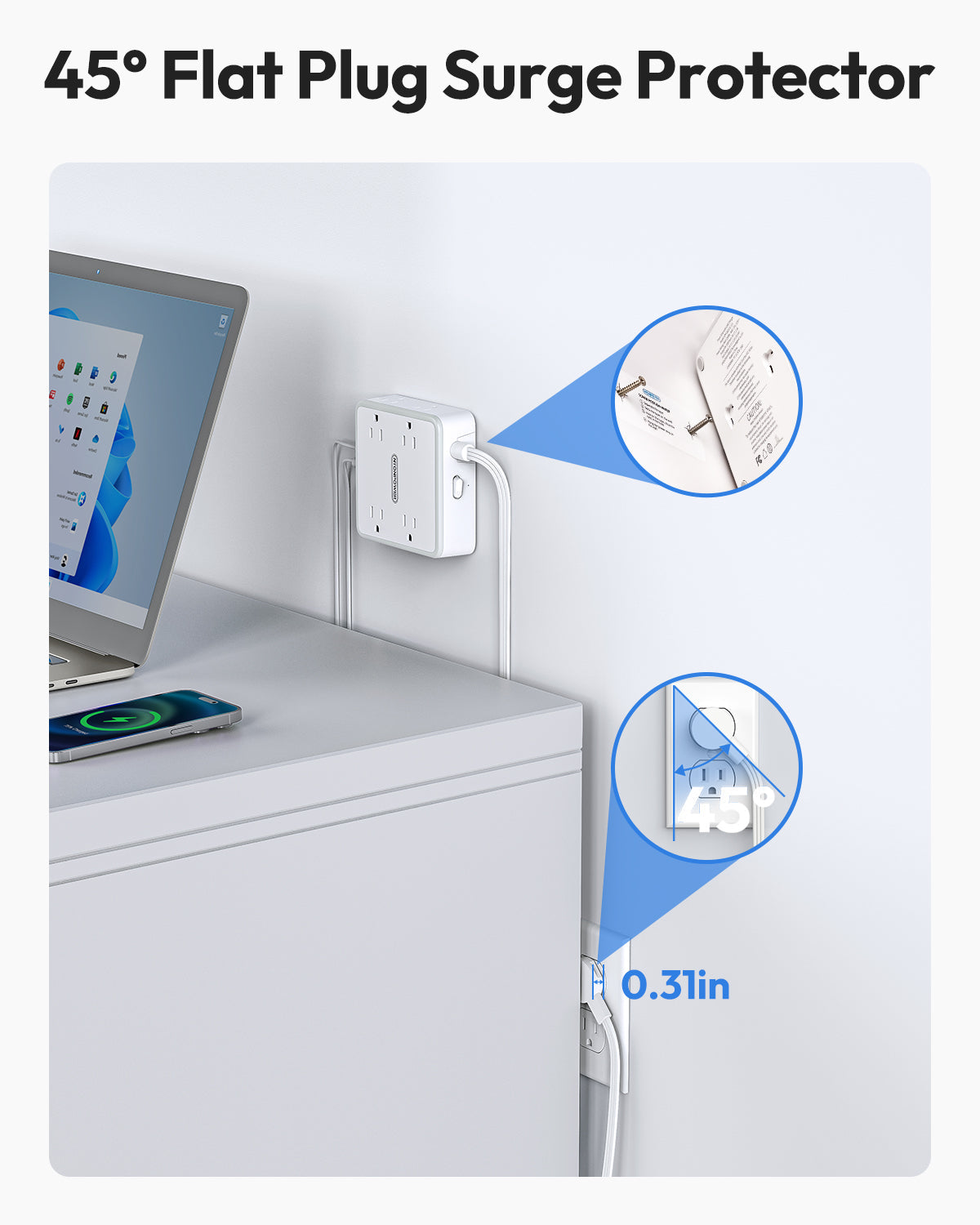 PowerNest Widecube Power Strip 8 Outlets 2 USB-A 1 USB-C