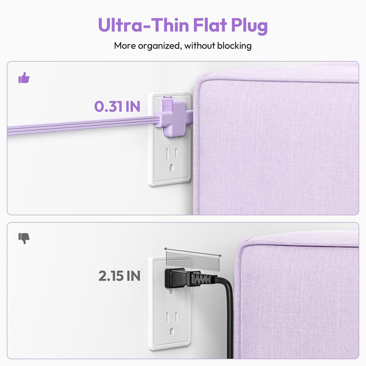 PowerNest Double Extension Cord 12 FT Purple Power Strip 3 Outlets 2 USB A 1 Type C