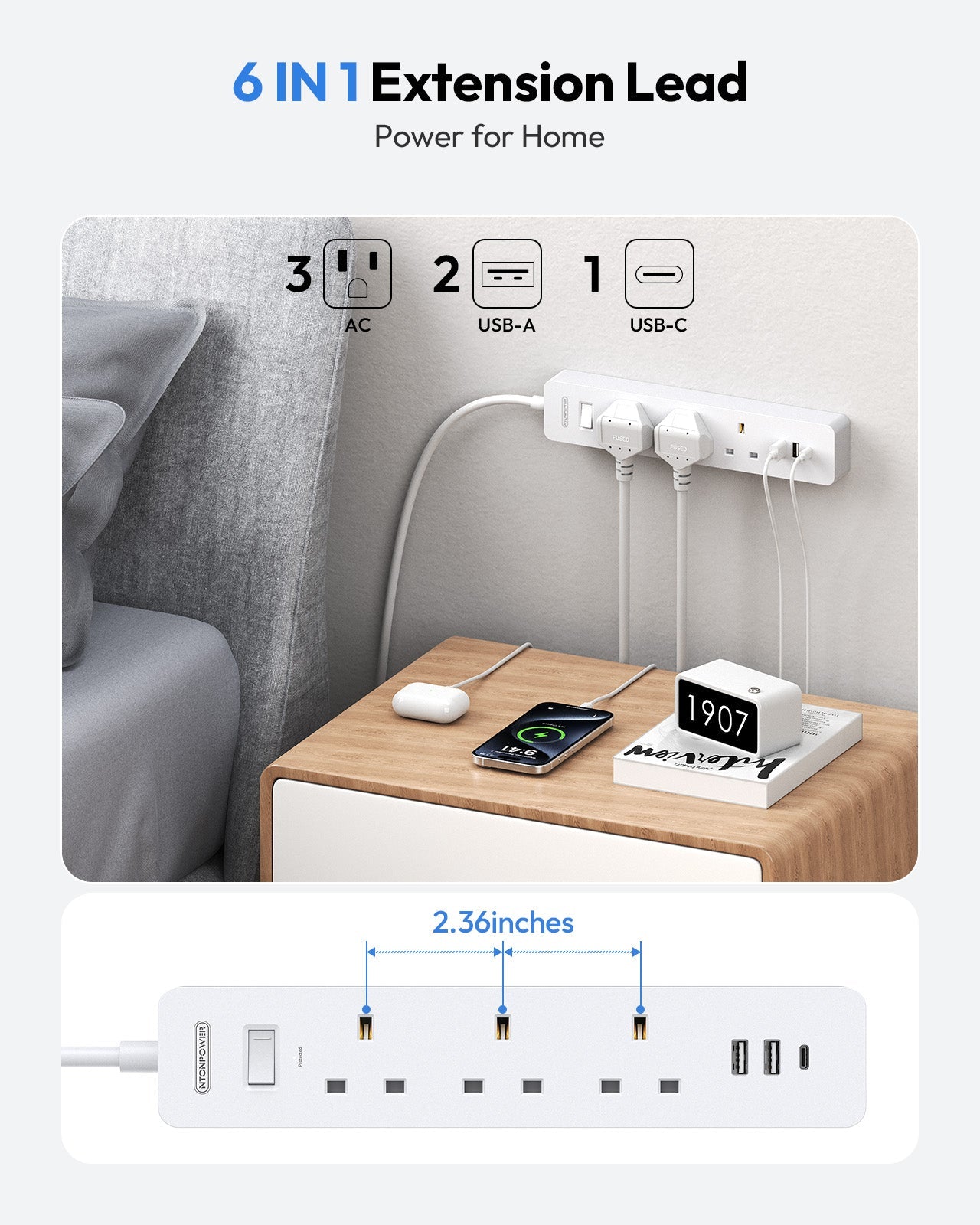 PowerNest UK Surge Protector  3 Outlets 3 USB Ports(1 Type C)