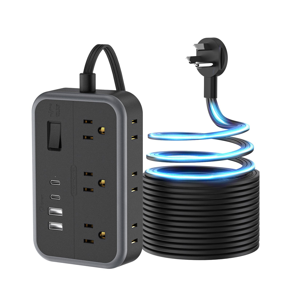 PowerNest New Surge Basic Power Strip 6 Outlets 2 USB 2 TYPE-C Flat Cord