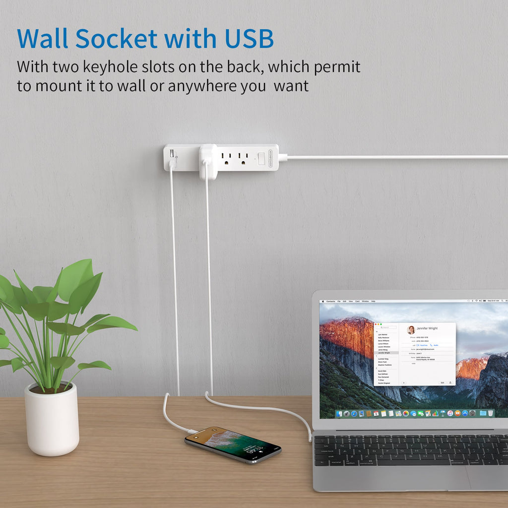 PowerNest Power Strip 3 Outlets 2 USB  Flat Cord