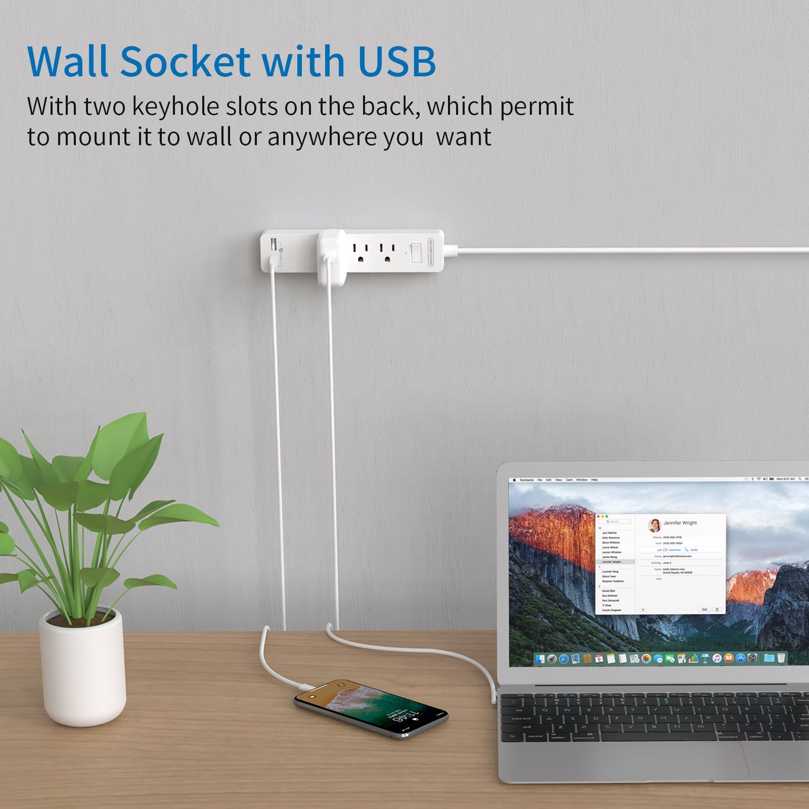 PowerNest Power Strip 3 Outlets 2 USB  Flat Cord