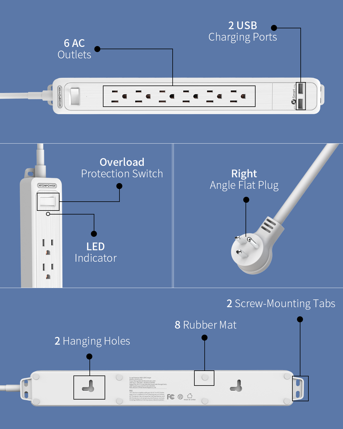 PowerNest 1080J Surge Basic Power Strip 6 Outlets 2 USB