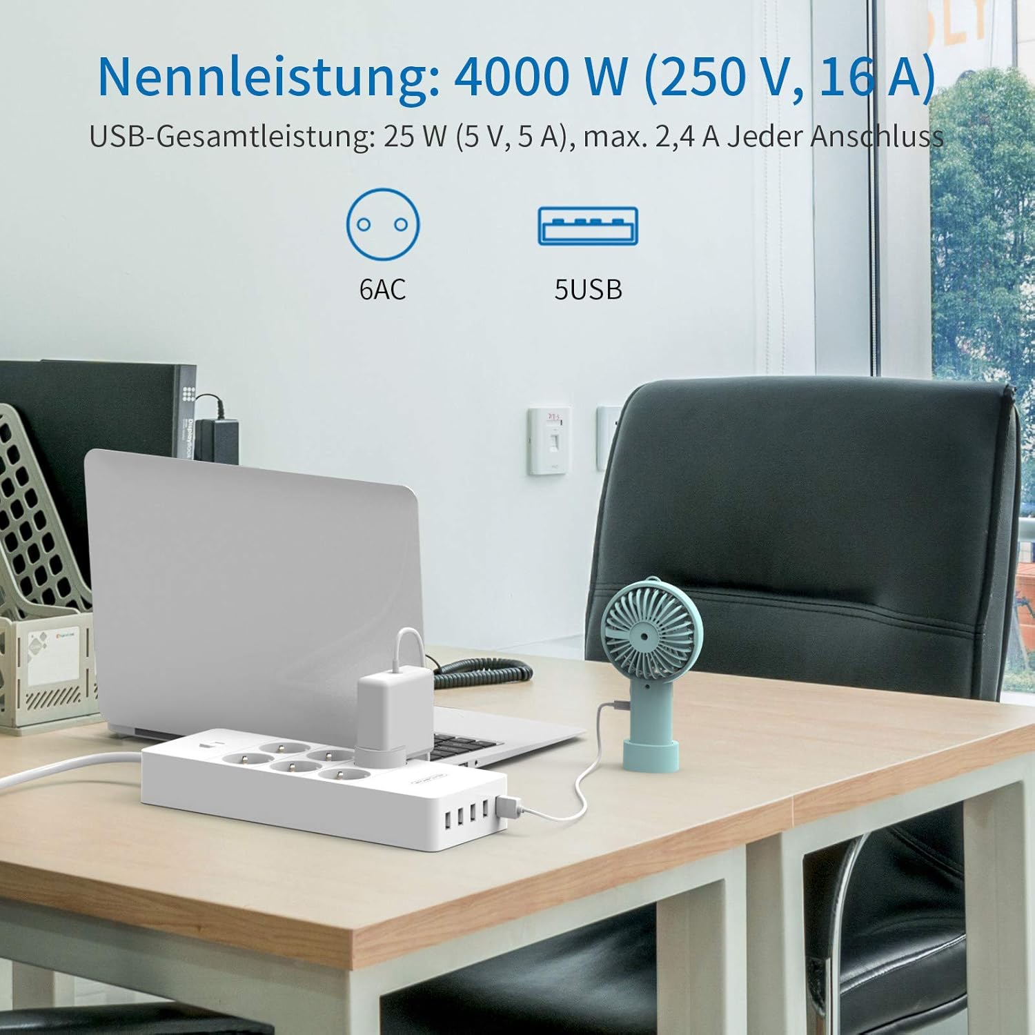 PowerNest EU Surge Protection Power Strip  6 Outlets 5 USB Ports