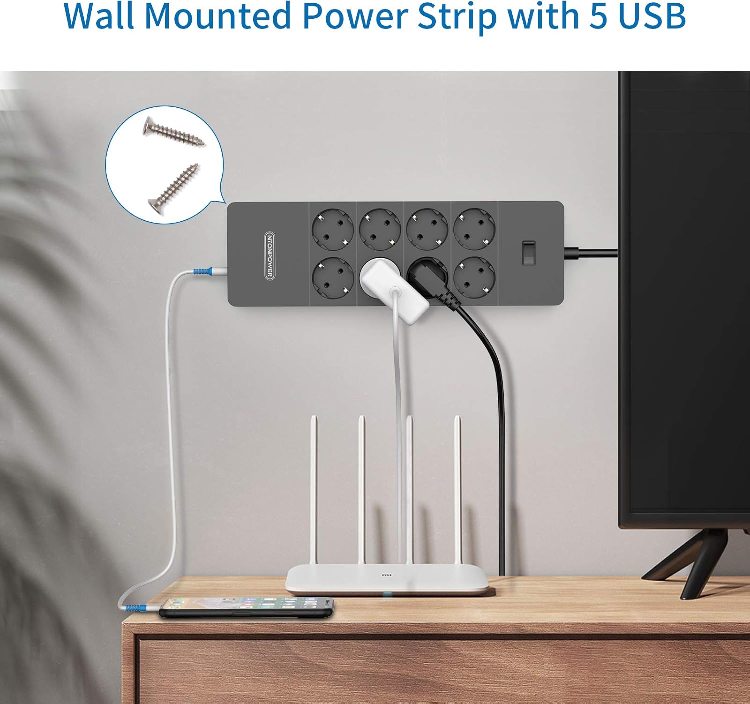 PowerNest EU Surge Protection Power Strip 8 Outlets 5 USB-A