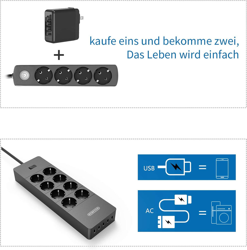 PowerNest EU Surge Protection Power Strip 8 Outlets 5 USB-A