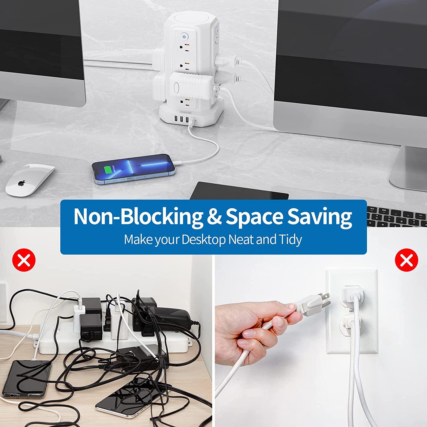 PowerNest Surge Protector Power Strip Tower 16 Outlets 4 USB 1080J