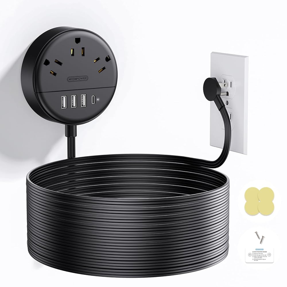 PowerNest New Dot Flat Cord Power Strip 3 Outlets 4 USB Ports