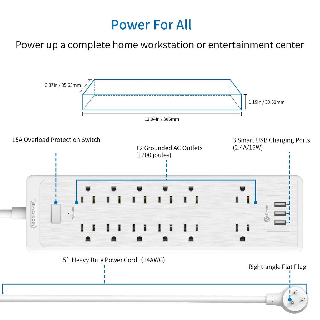 PowerNest SurgePro Power Strip 12 Outlets 3 USB Heavy Duty 2100J