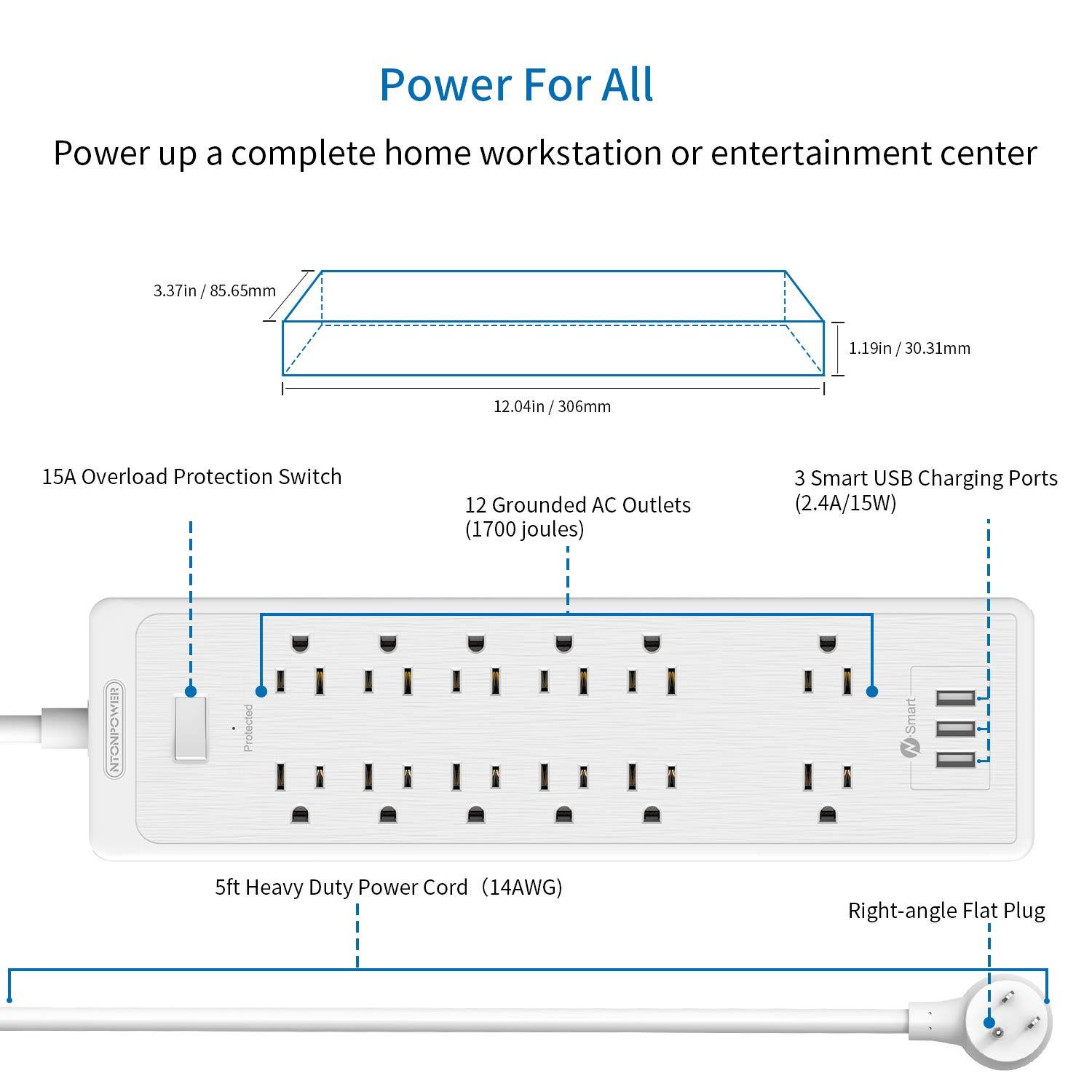 PowerNest SurgePro Power Strip 12 Outlets 3 USB Heavy Duty 2100J