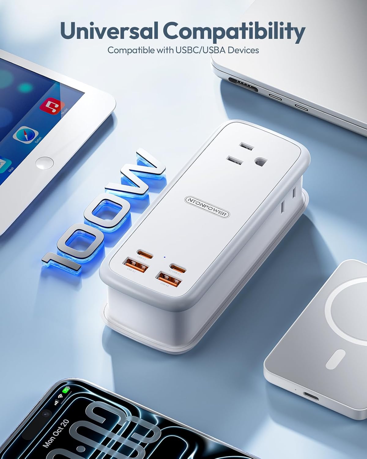 PowerNest GAN Ultra 100W USB  Power Strip, 3 Outlets 2 USB-A 2 USB-C