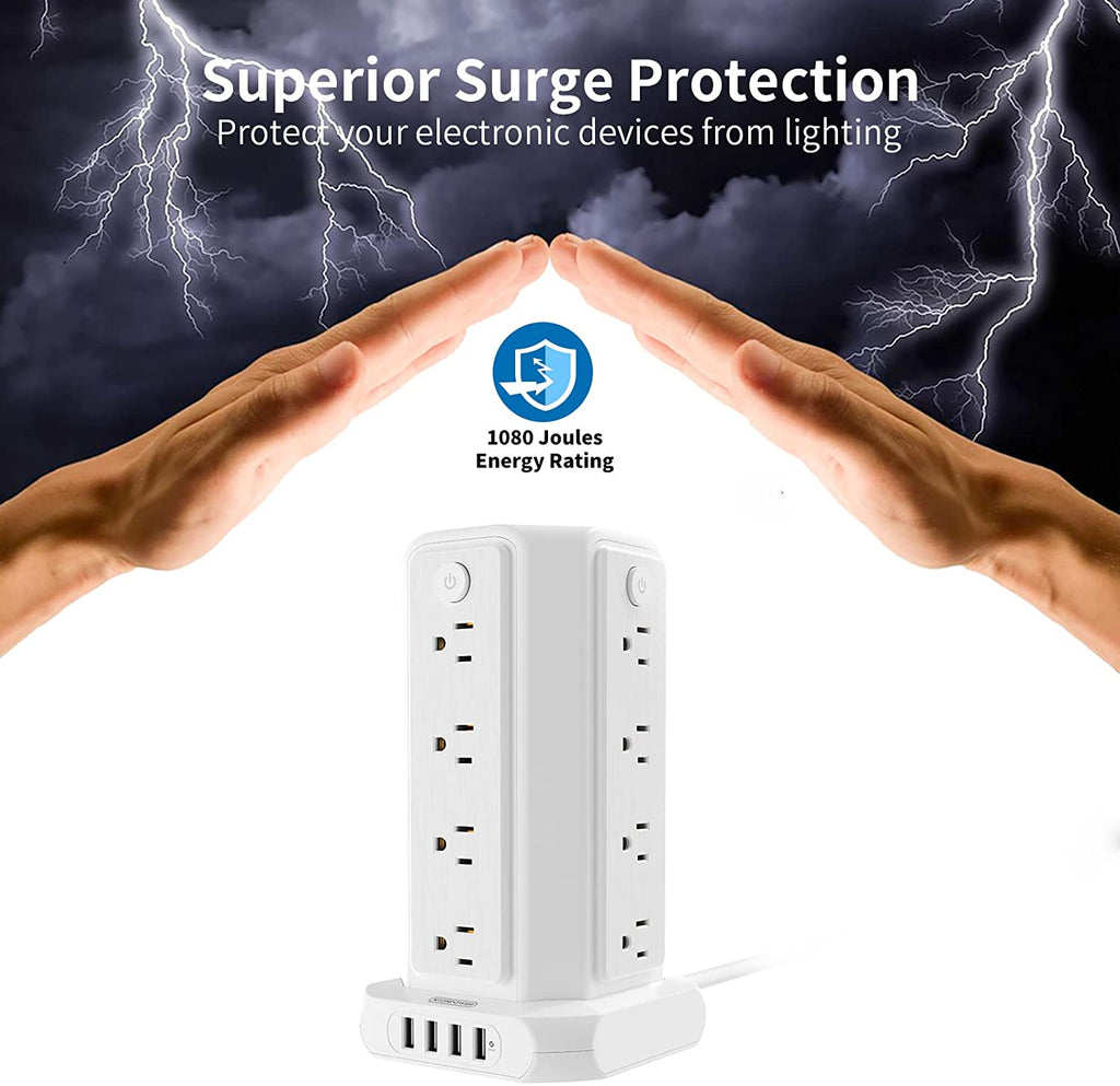 PowerNest Surge Protector Power Strip Tower 16 Outlets 4 USB 1080J