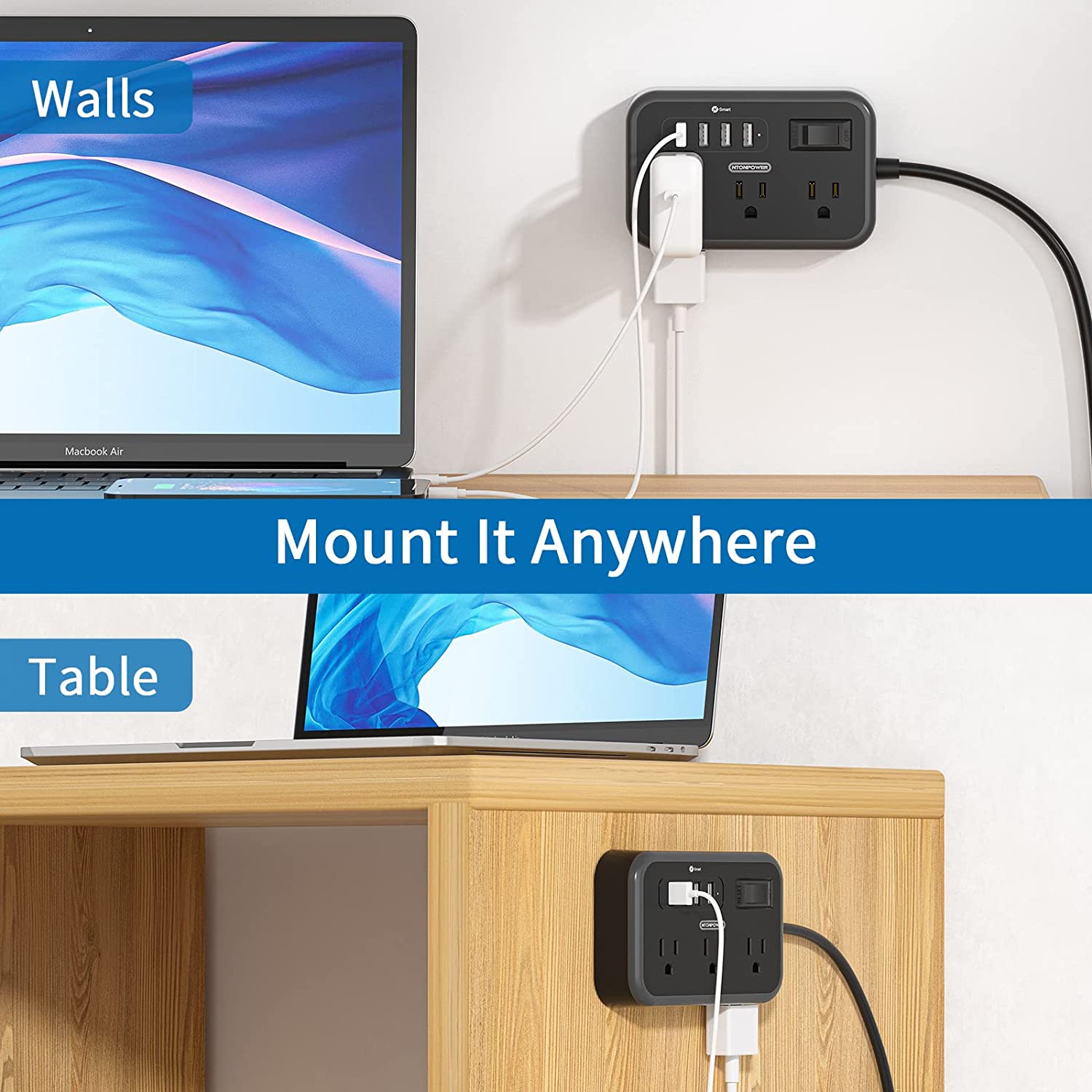 PowerNest Surge Basic Power Strip 6 Outlets 4 USB Flat Plug