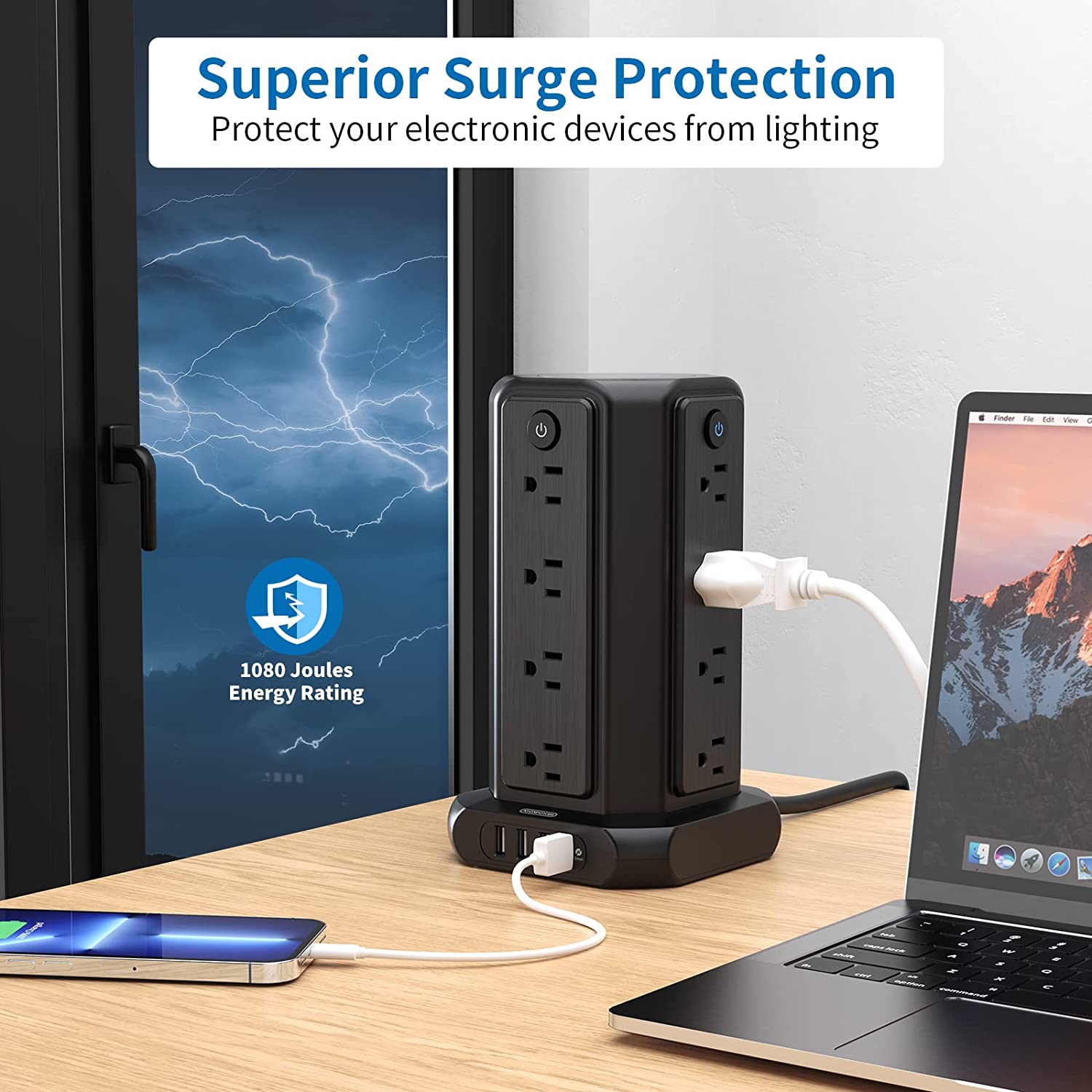 PowerNest Surge Protector Power Strip Tower 16 Outlets 4 USB 1080J