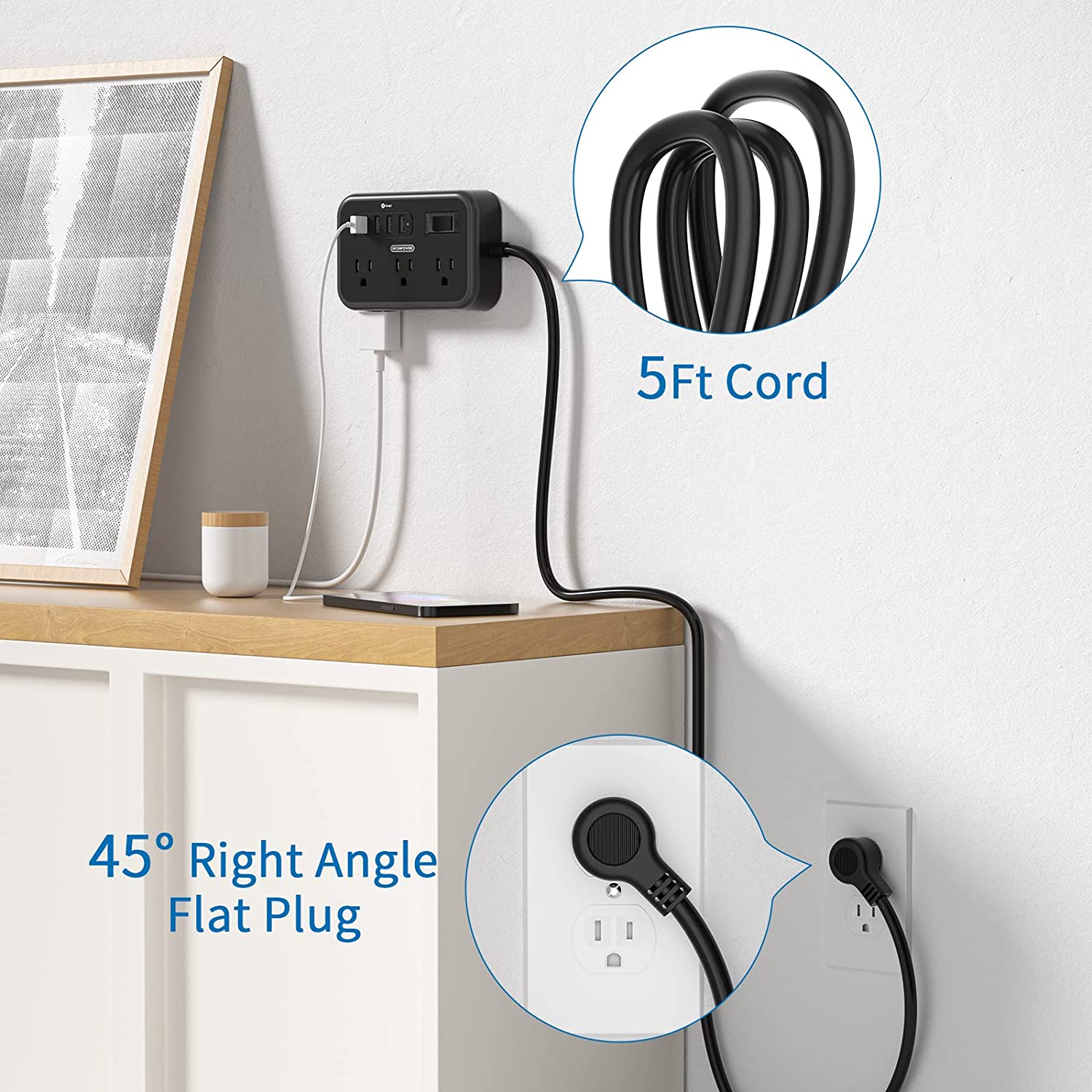 PowerNest Surge Basic Power Strip 6 Outlets 4 USB Flat Plug