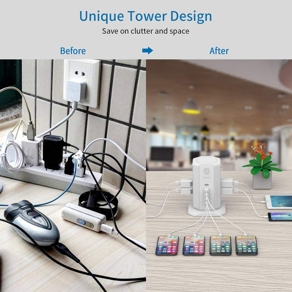 PowerNest 1080J Surge Protector Power Strip Tower 8 Outlets 5 USB
