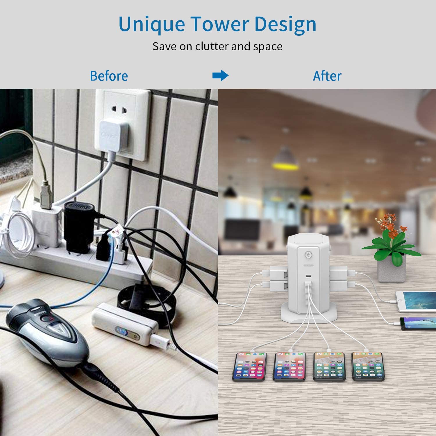 PowerNest 1080J Surge Protector Power Strip Tower 8 Outlets 5 USB