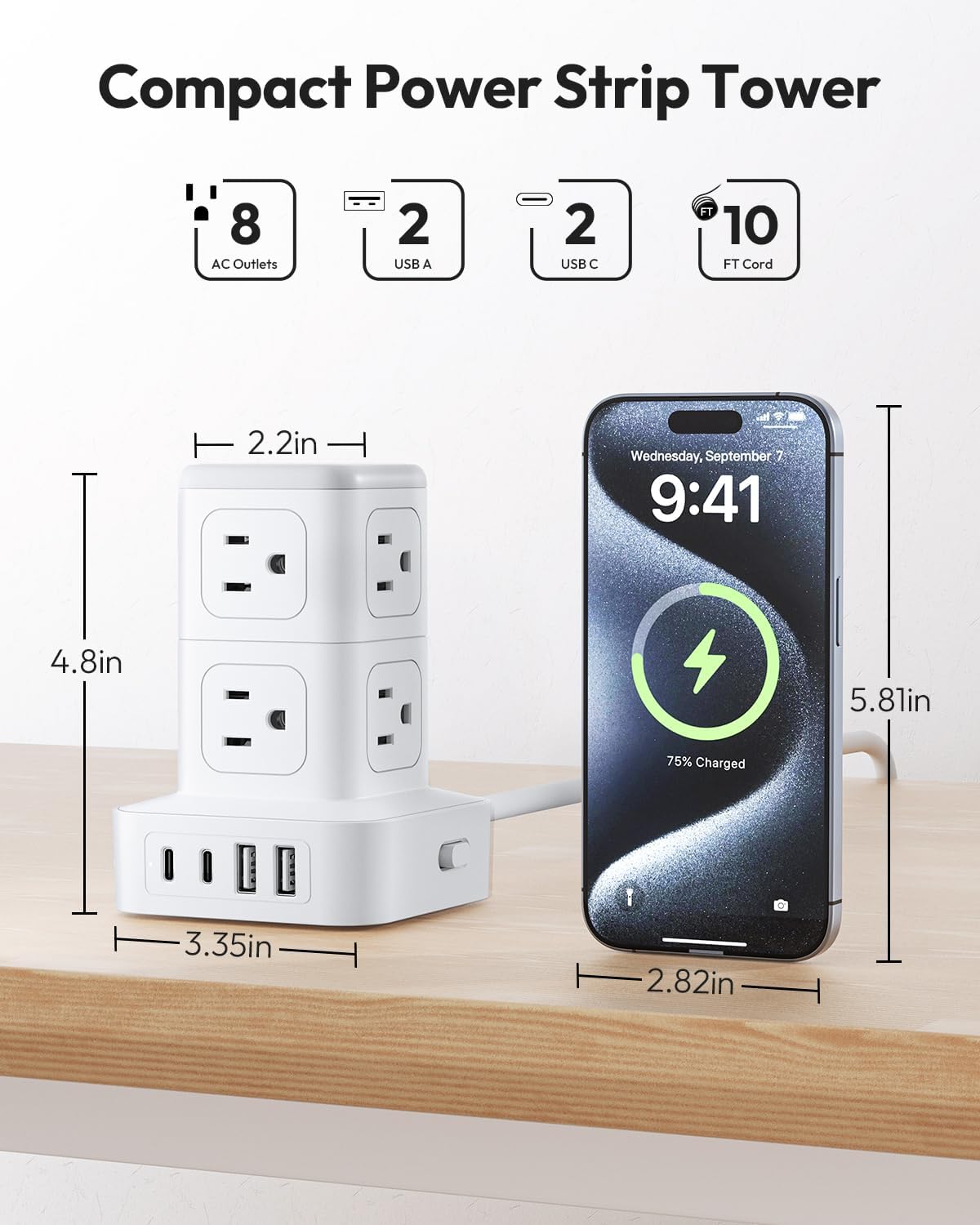 PowerNest New Surge Protector Power Strip Tower 8 Outlets 2 USB-A 2 USB-C