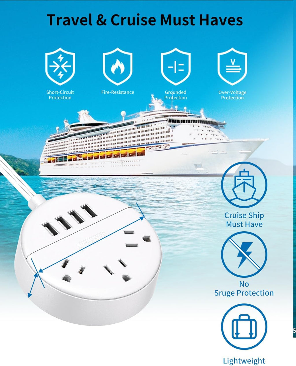 PowerNest New Dot Flat Cord Power Strip 3 Outlets 4 USB Ports