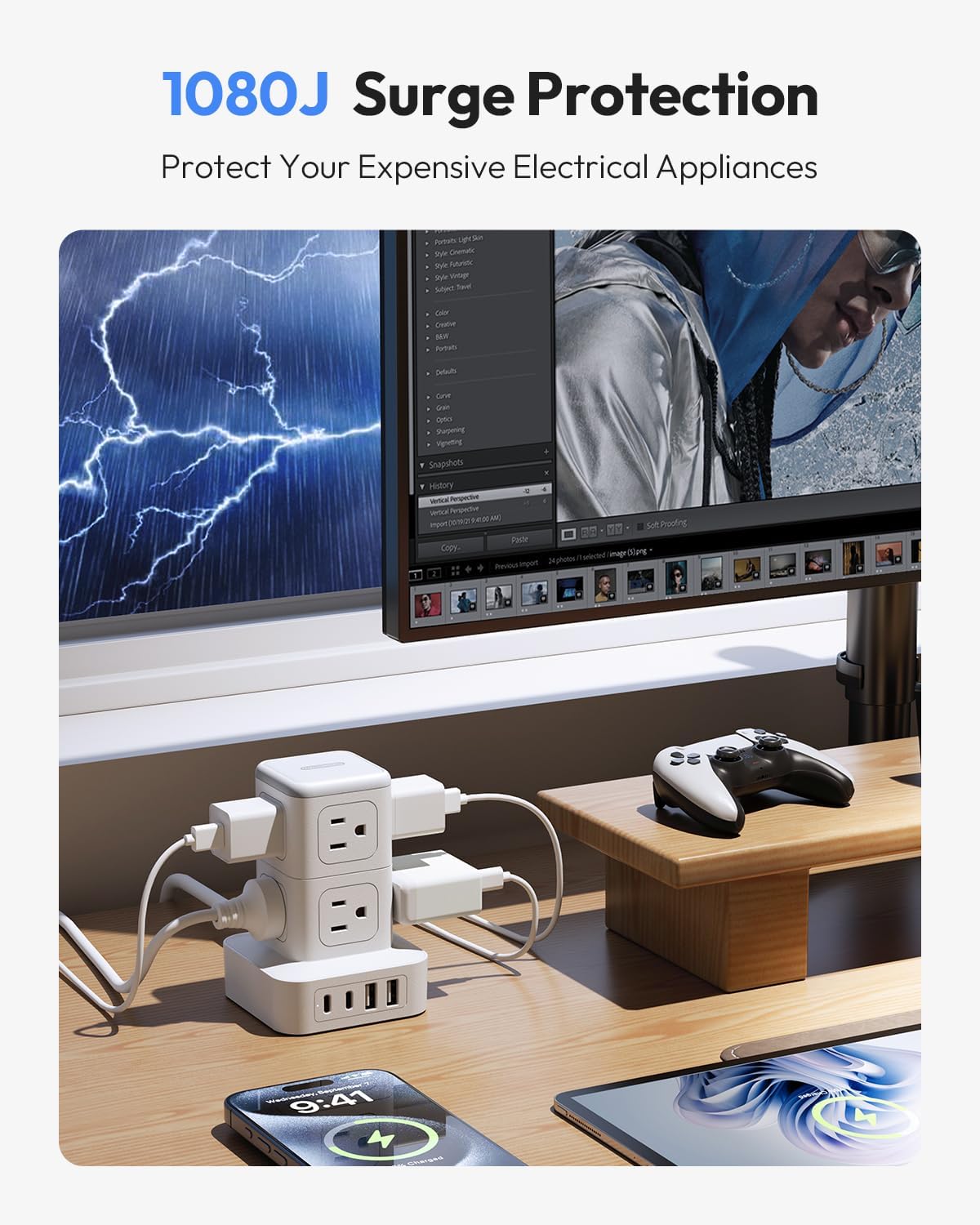 PowerNest New Surge Protector Power Strip Tower 8 Outlets 2 USB-A 2 USB-C