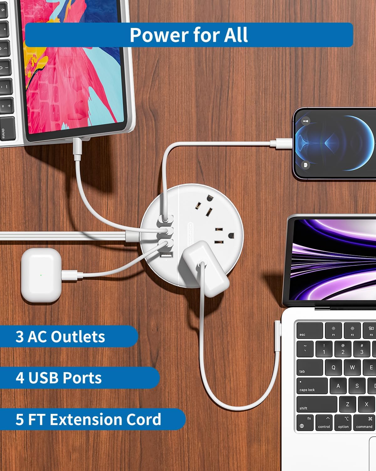 PowerNest New Dot Flat Cord Power Strip 3 Outlets 4 USB Ports