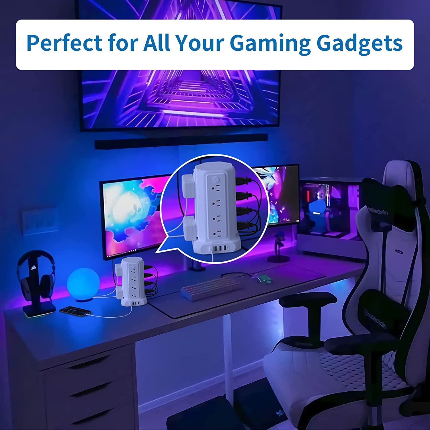 PowerNest Surge Protector Power Strip Tower 16 Outlets 4 USB 1080J