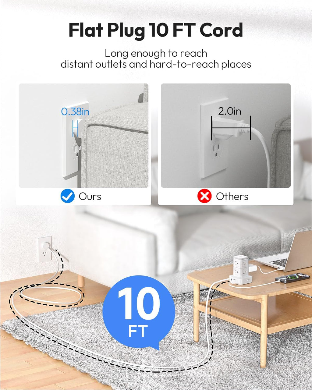 PowerNest New Surge Protector Power Strip Tower 8 Outlets 2 USB-A 2 USB-C