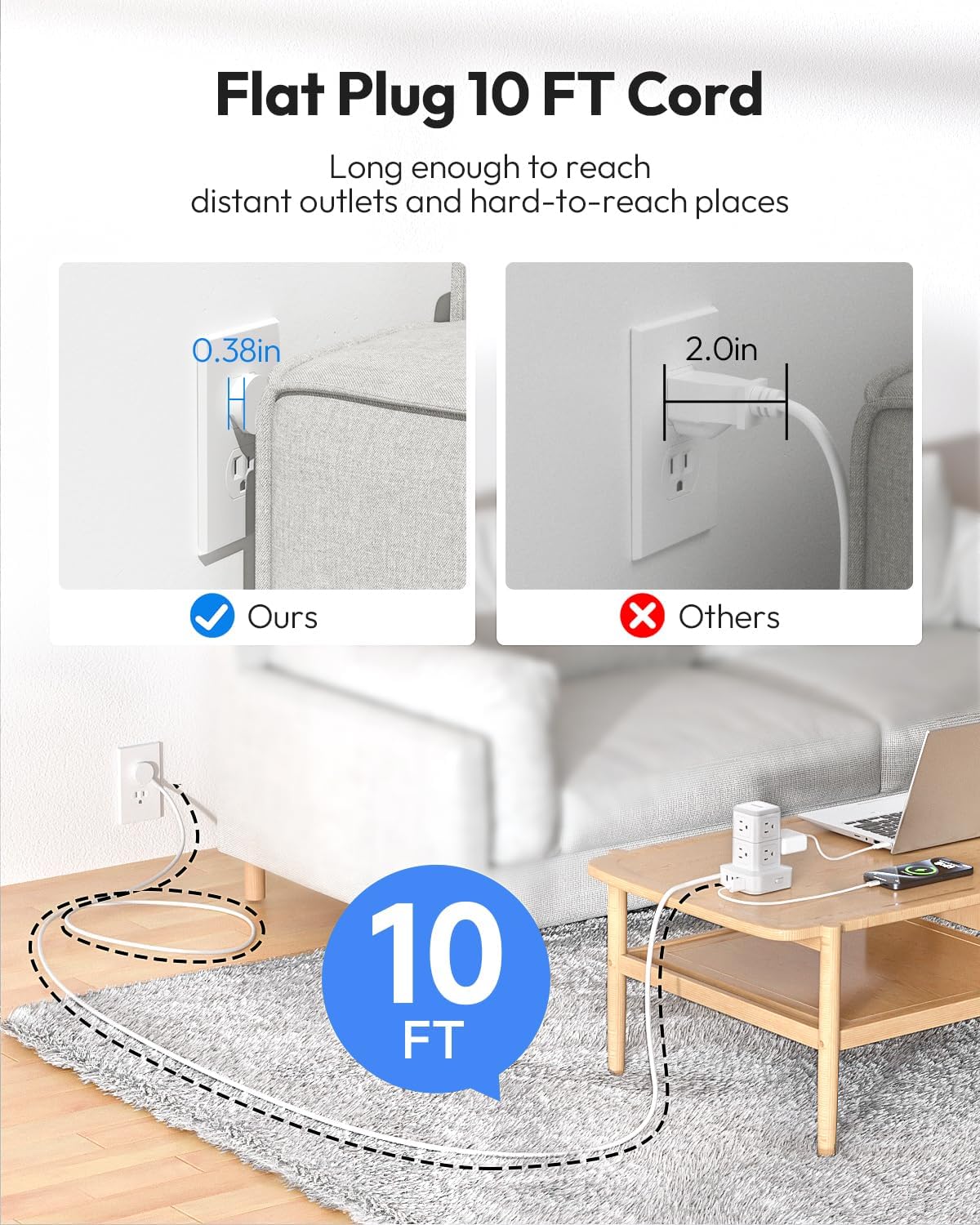 PowerNest New Surge Protector Power Strip Tower 8 Outlets 2 USB-A 2 USB-C