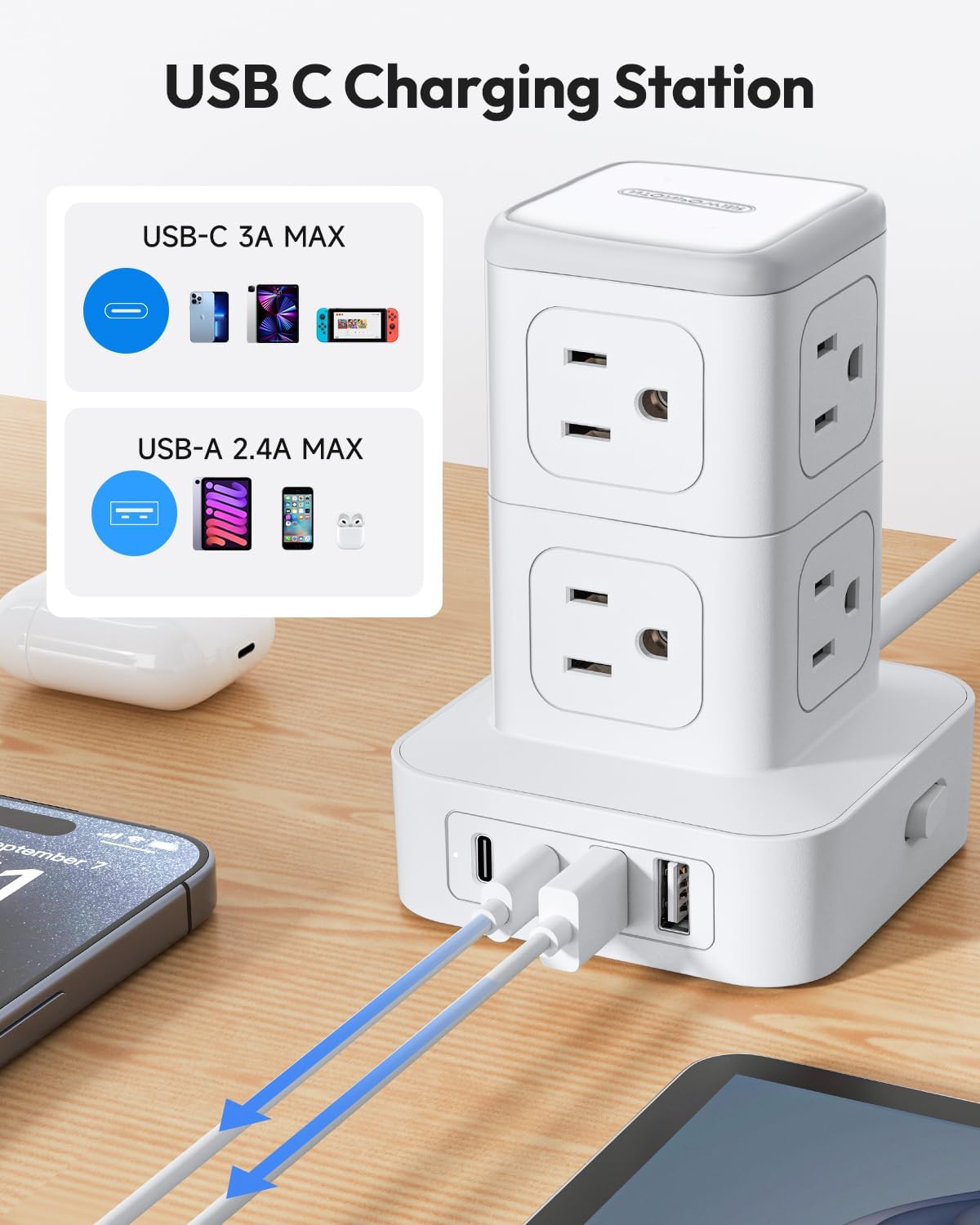 PowerNest New Surge Protector Power Strip Tower 8 Outlets 2 USB-A 2 USB-C