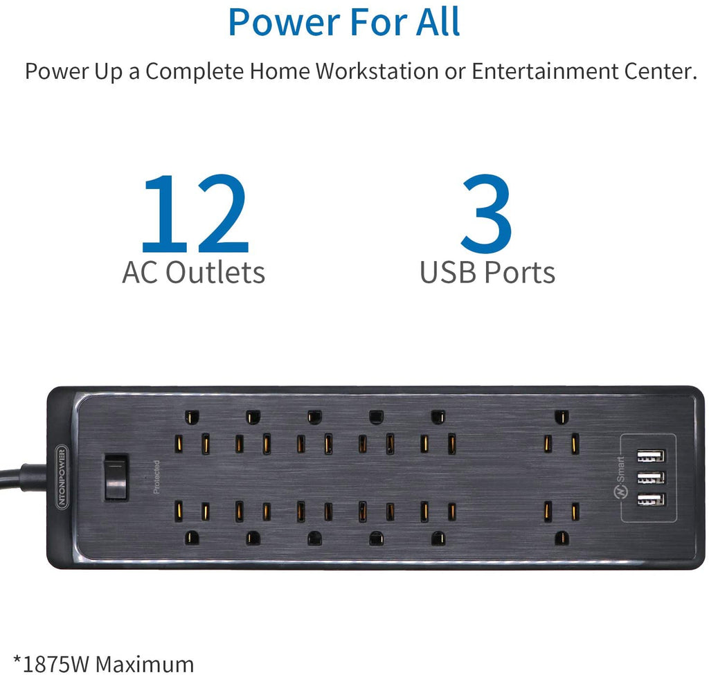 PowerNest SurgePro Power Strip 12 Outlets 3 USB Heavy Duty 2100J
