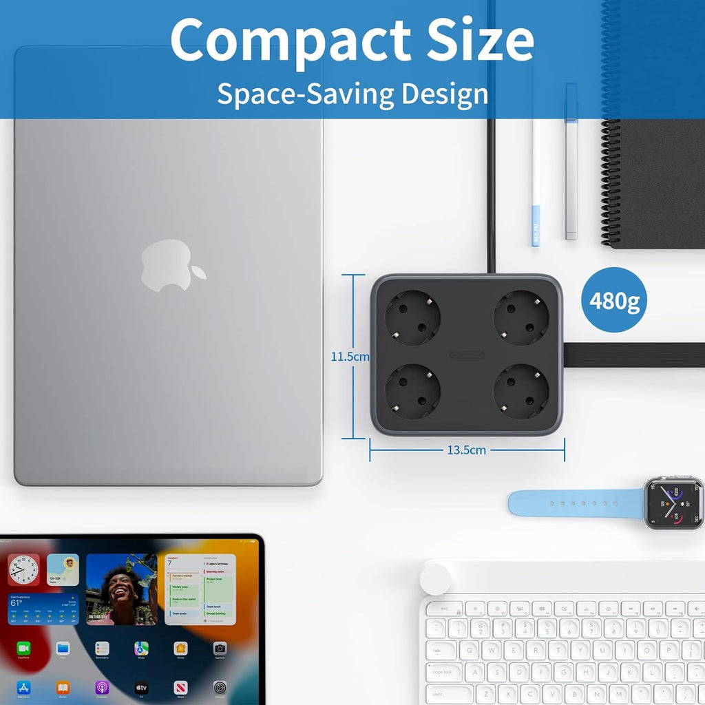 PowerNest New EU Power Strip 4 Outlets 3 USB Ports