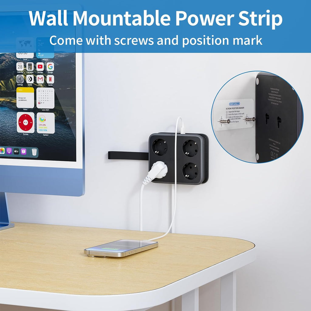 PowerNest New EU Power Strip 4 Outlets 3 USB Ports