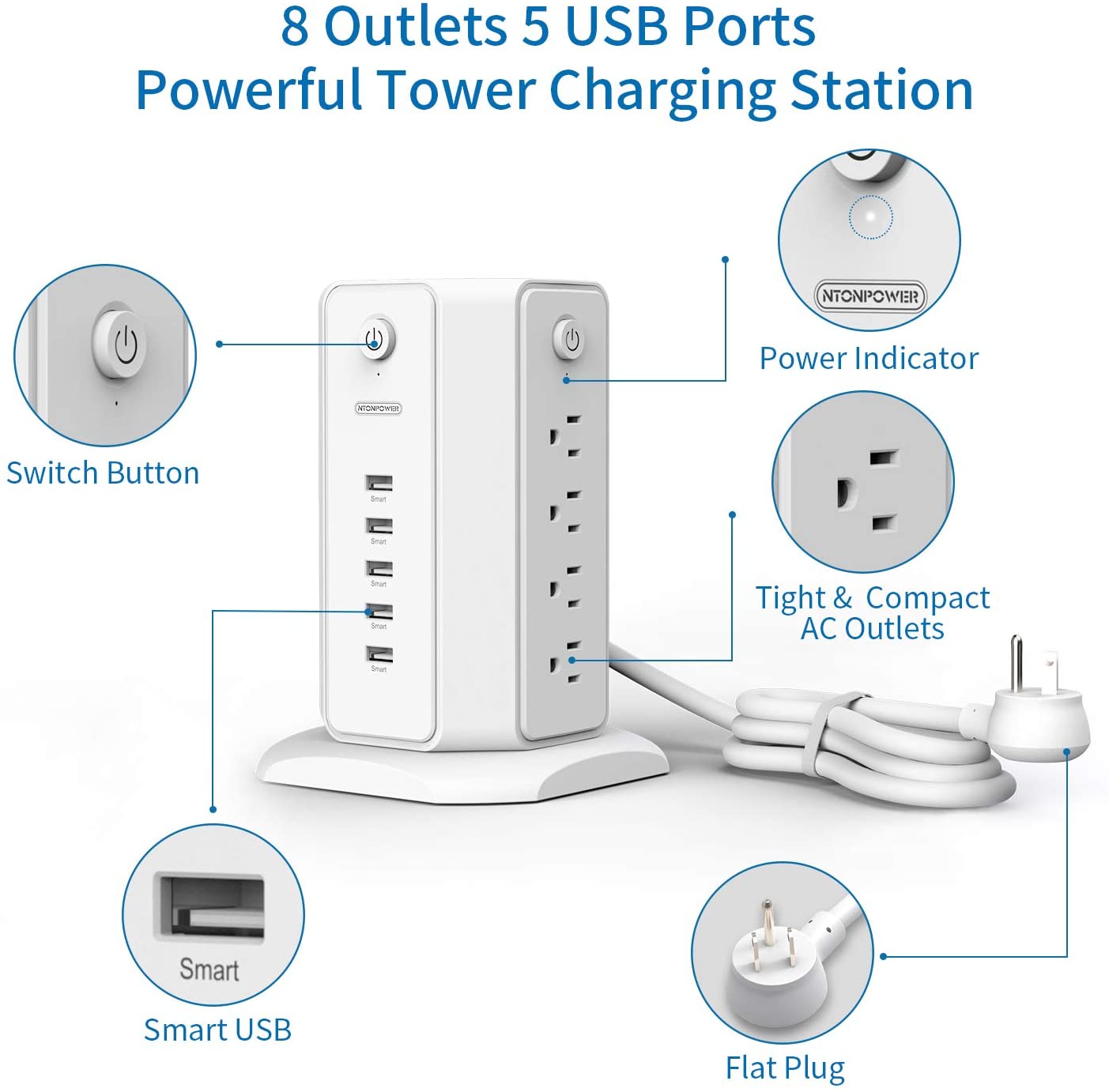 PowerNest 1080J Surge Protector Power Strip Tower 8 Outlets 5 USB
