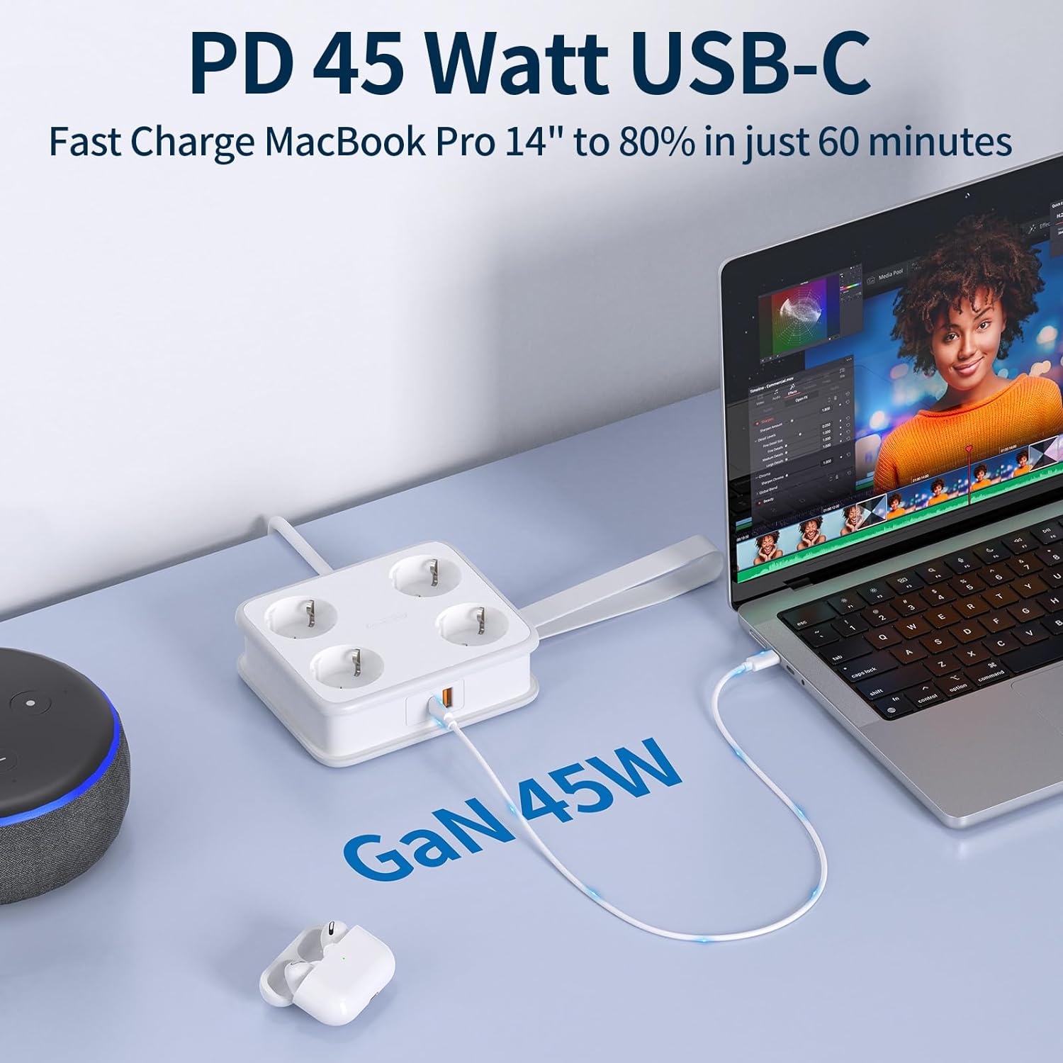 PowerNest New EU Power Strip 4 Outlets 1 USB-A 1 USB-C 45W GaN