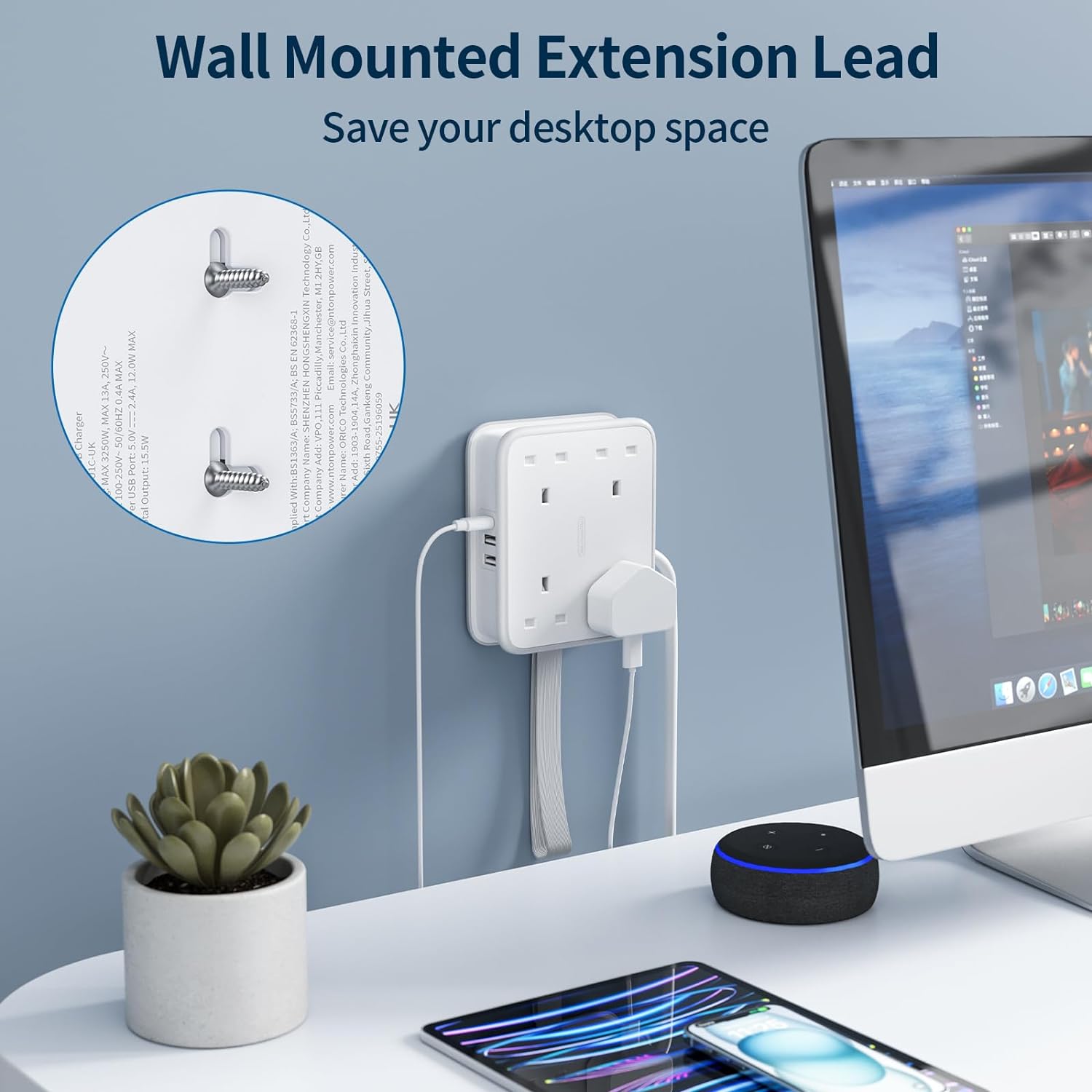 PowerNest UK Pocket Power Strip 4 Outlets 3 USB Ports(1 Type C)