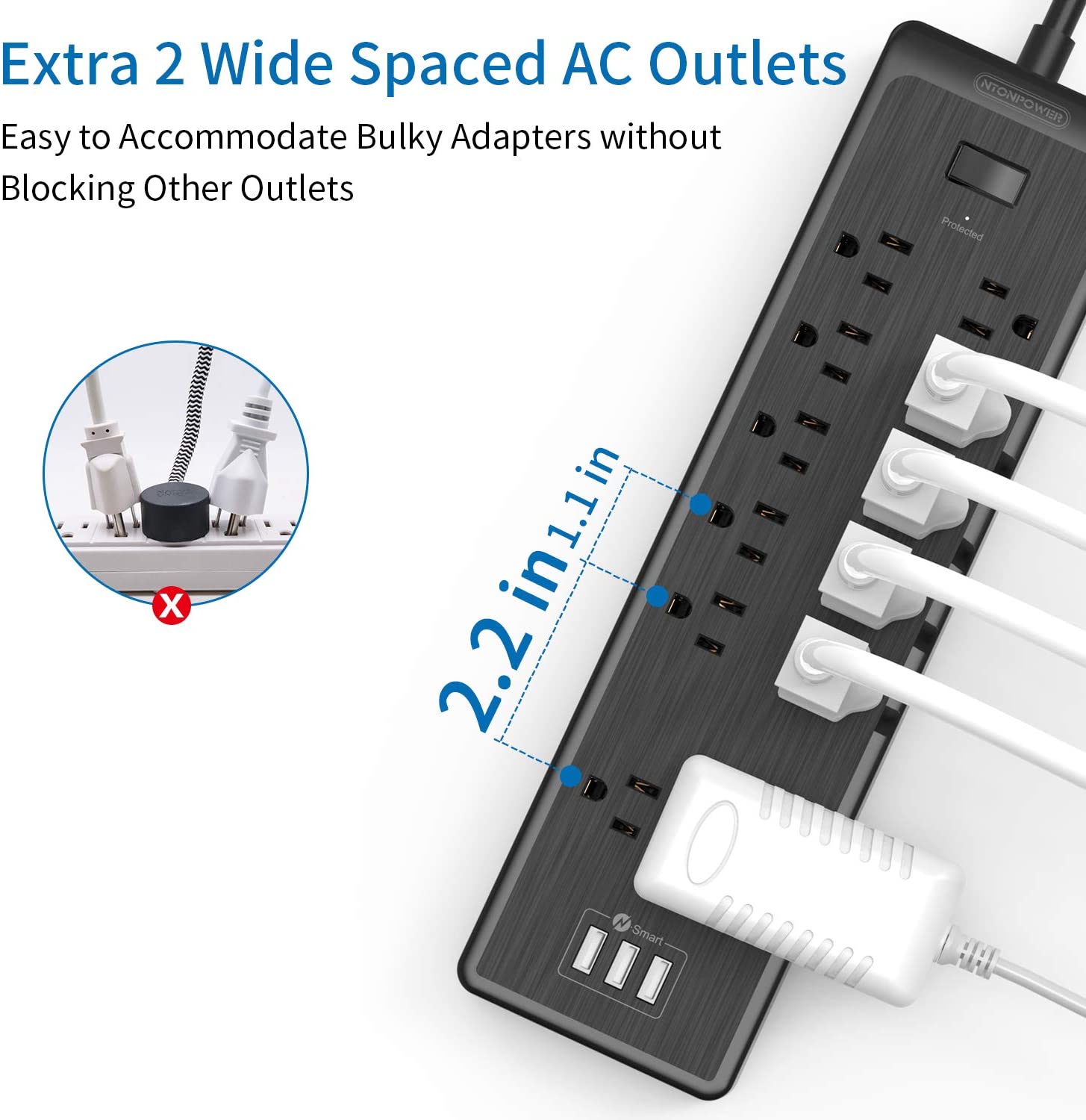 PowerNest SurgePro Power Strip 12 Outlets 3 USB Heavy Duty 2100J