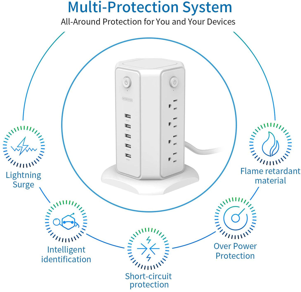 PowerNest 1080J Surge Protector Power Strip Tower 8 Outlets 5 USB