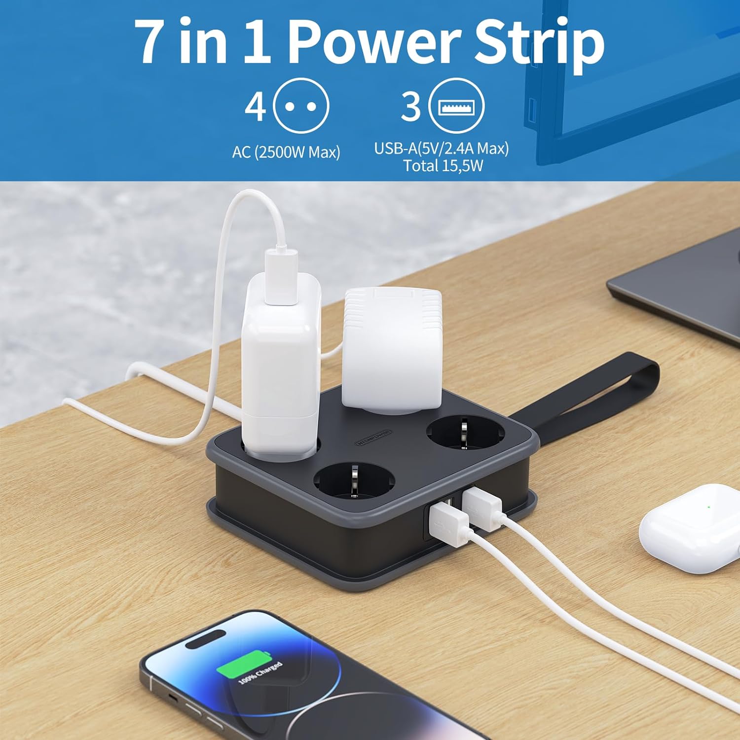 PowerNest New EU Power Strip 4 Outlets 3 USB Ports