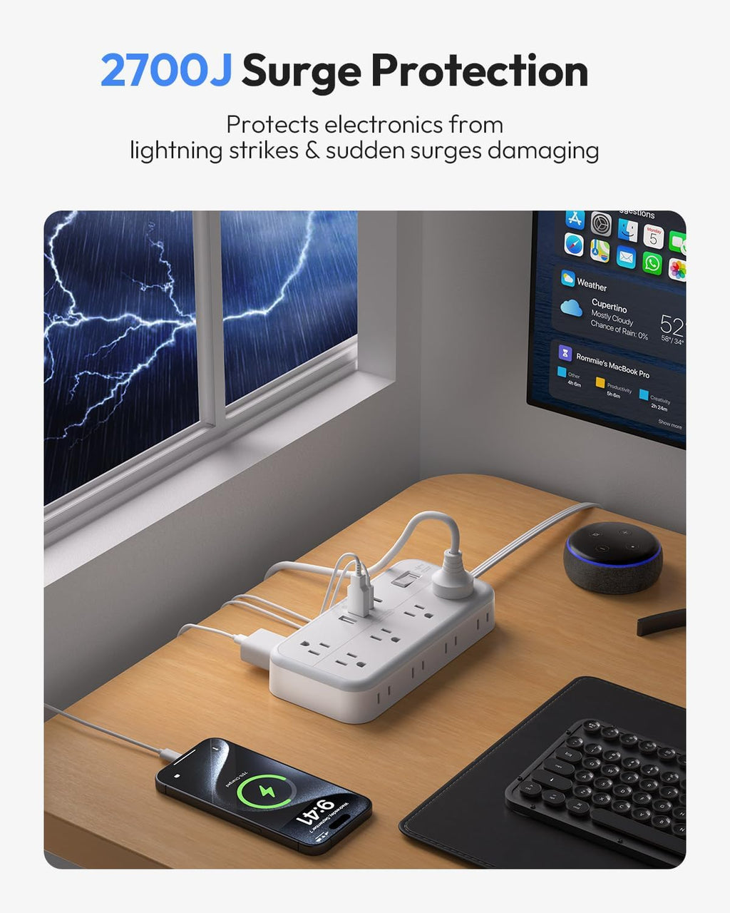 PowerNest 2700J Surge Protector 10 Outlets 4 USB Ports (2 USB C) Power Strip