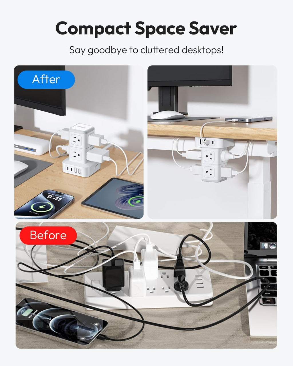 PowerNest New Surge Protector Power Strip Tower 8 Outlets 2 USB-A 2 USB-C