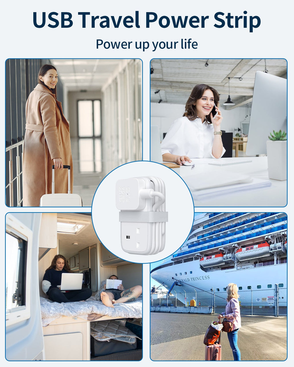 PowerNest UK Pocket Power Strip 2 Outlets 3 USB Travel & Cruise