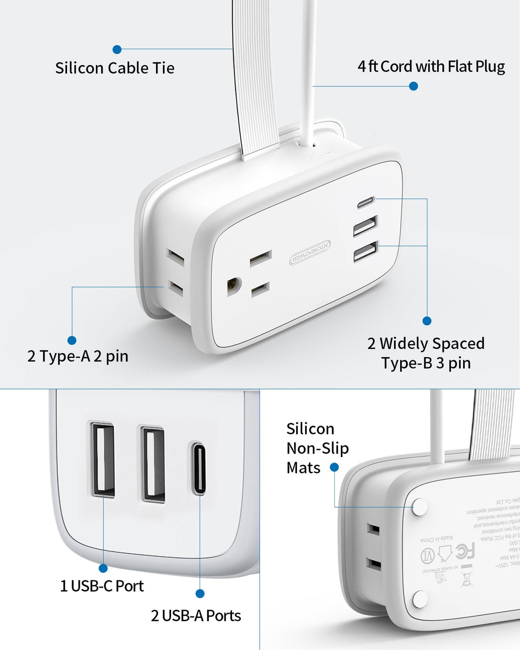 PowerNest New Pocket Power Strip 2 Outlets 3 USB Ports(1 Type C)
