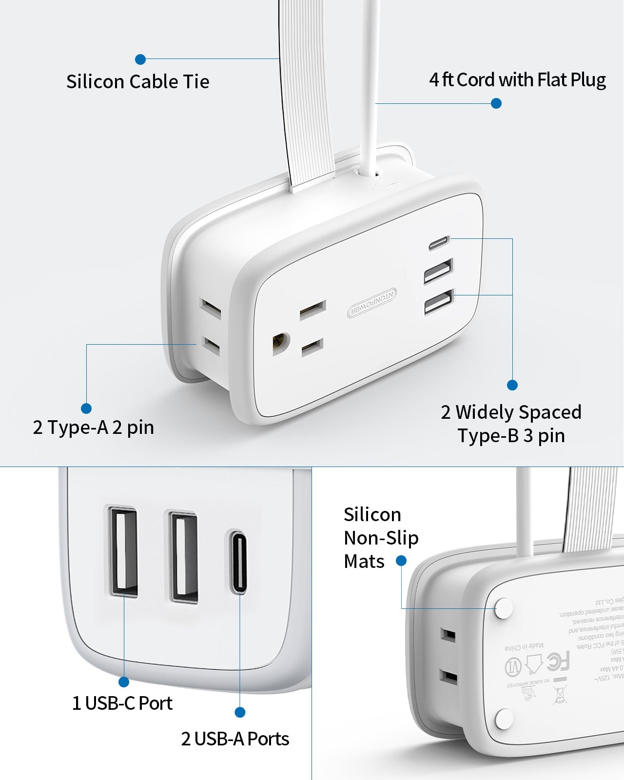 PowerNest New Pocket Power Strip 2 Outlets 3 USB Ports(1 Type C)