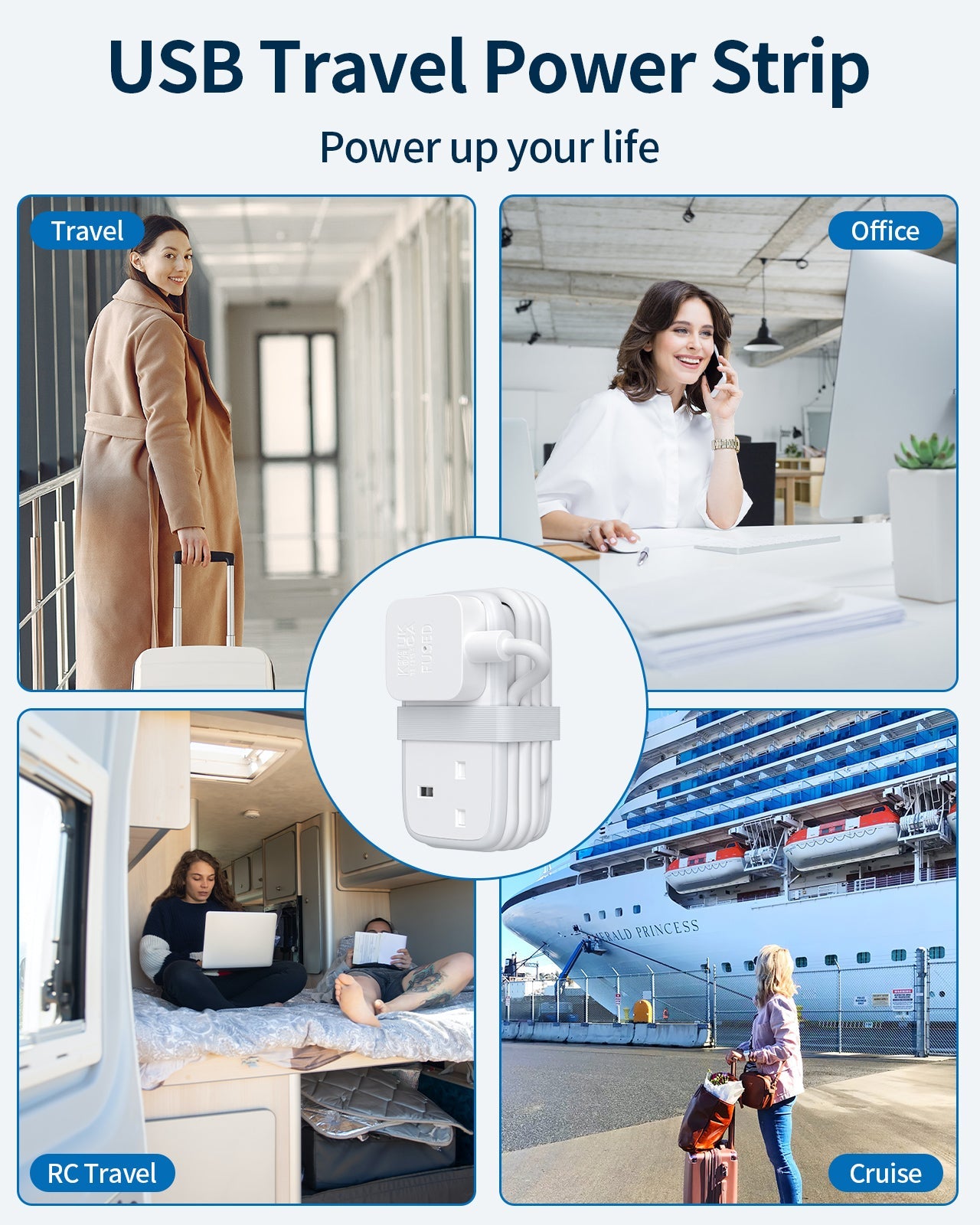 PowerNest UK Pocket Power Strip 2 Outlets 2 USB-A 1 USB-C Travel & Hotel