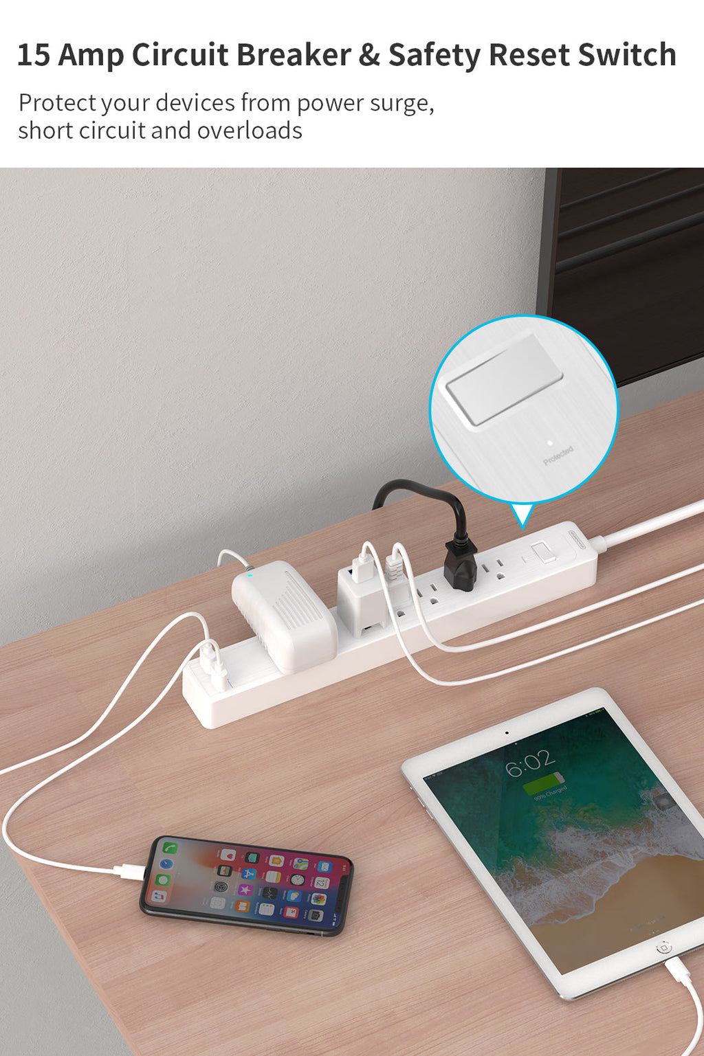 PowerNest Surge Protector 6 Outlets  2 USB 500J