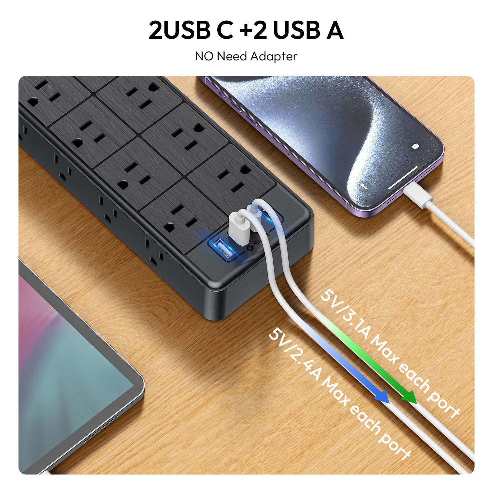 PowerNest Surge Protector Power Strip 24 Outlets 2 USB-A 2-USB C