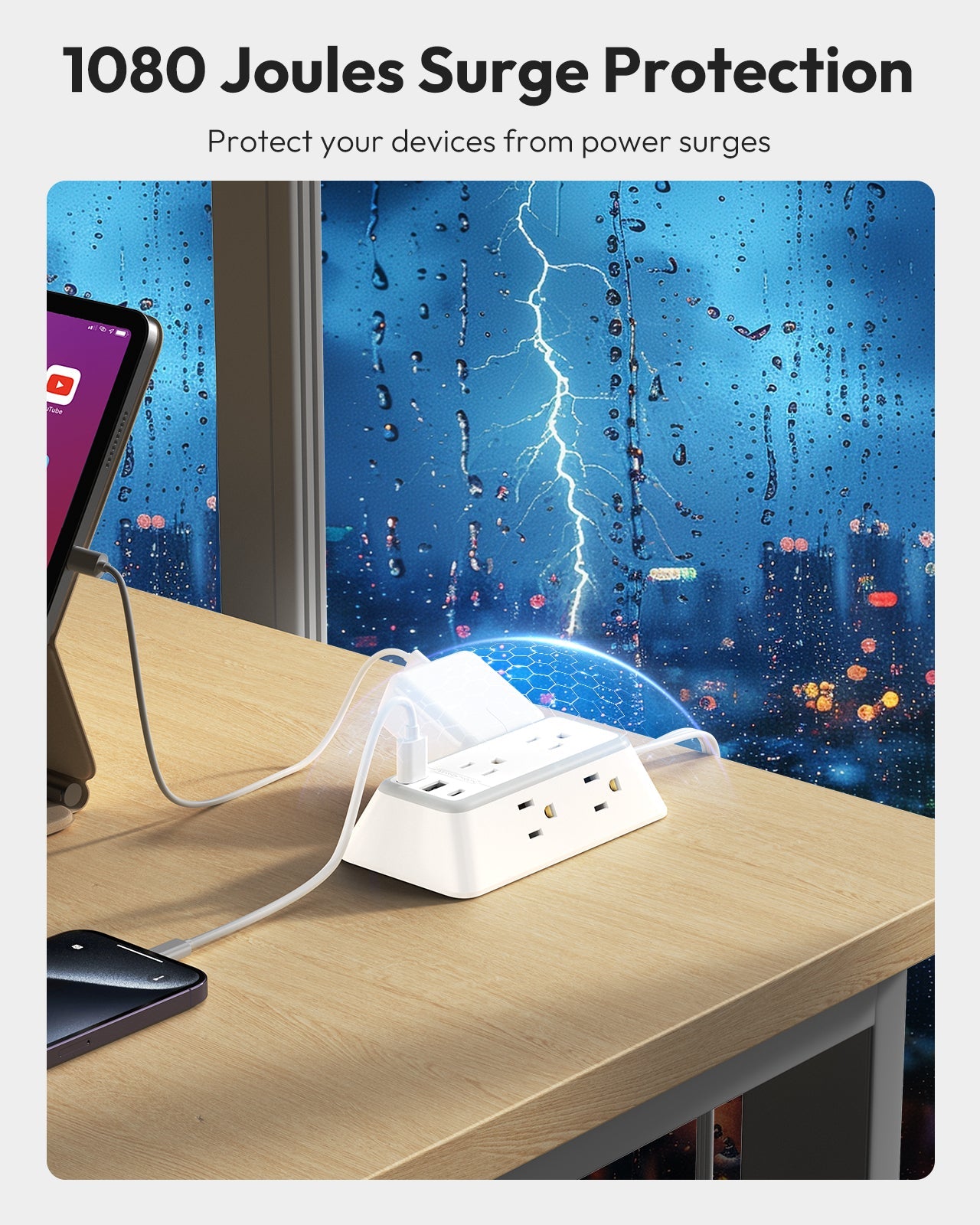 PowerNest 3-Sided Power Strip 6 Outlets 2 USB-A 1 USB-C