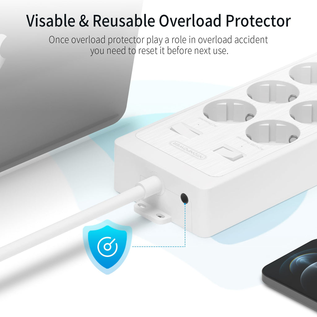 PowerNest EU Surge Protection Power Strip 10 Outlets 3 USB-A