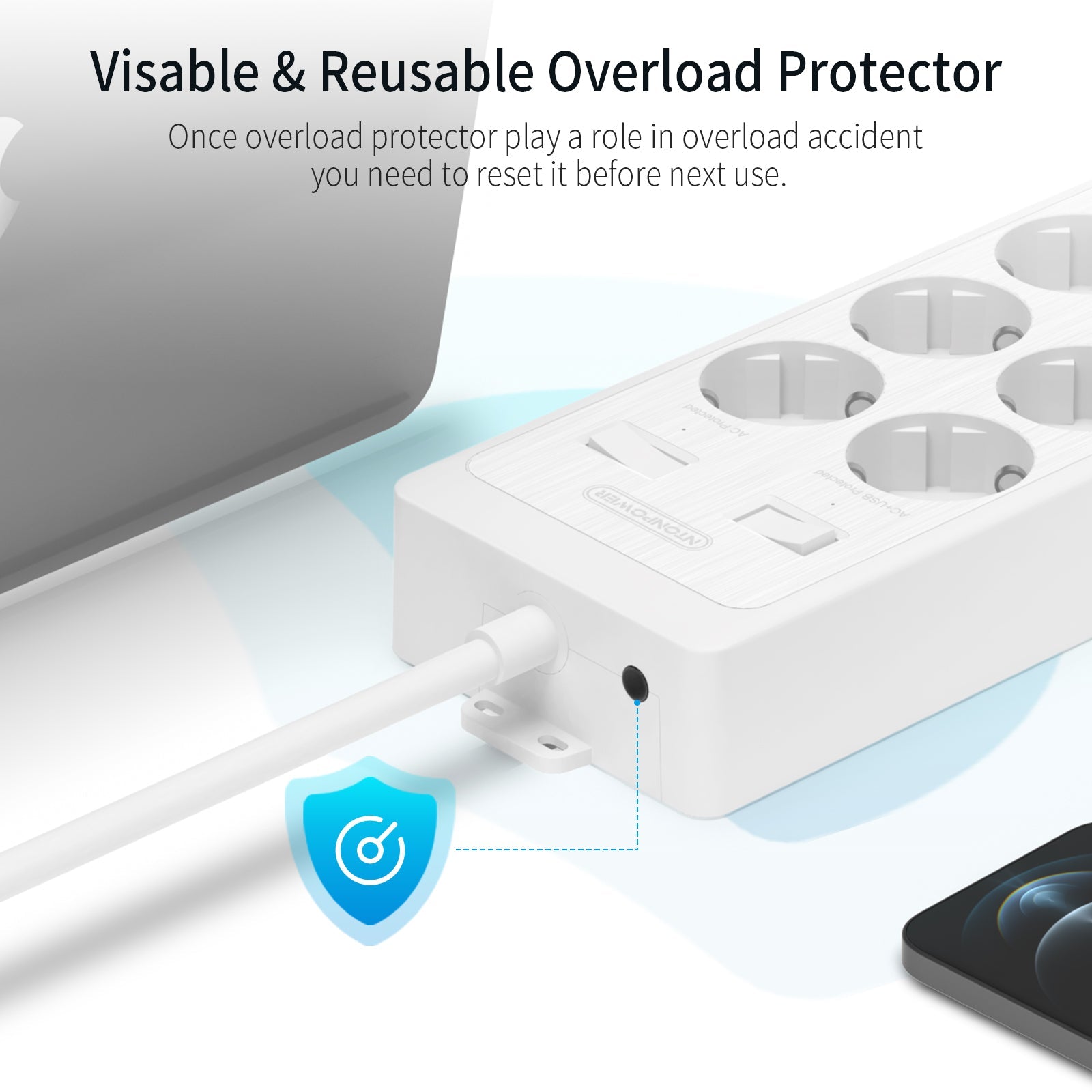 PowerNest EU Surge Protection Power Strip 10 Outlets 3 USB-A